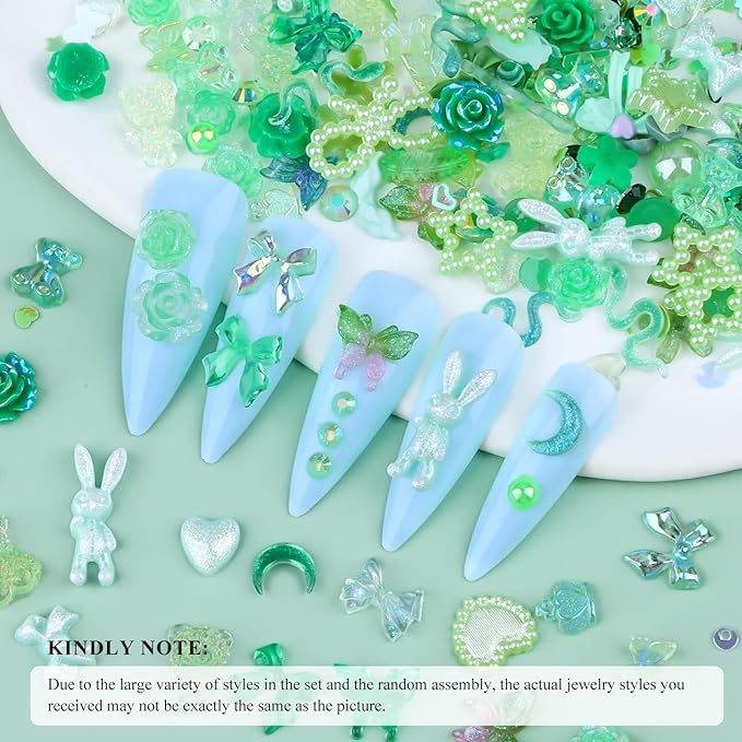 100 Pieces 3D Resin Butterfly Bear Nail Charms Rose Flower Peach Skirt Bow Deer Snake Rabbit Animal Shaped Nail Art Rhinestones Pearls for DIY Nail Art Decoration Making Craft (Green)