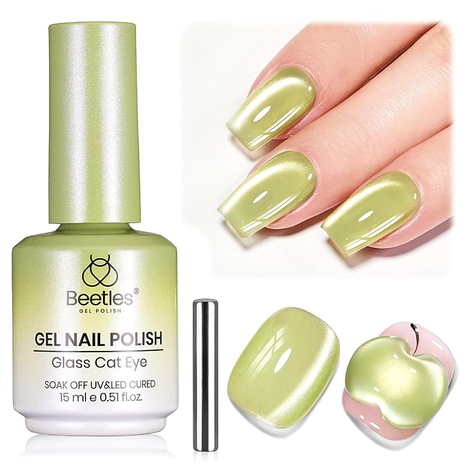 Beetles Taste of Spring Green Cat Eye Gel Nail Polish - 15ML Spring Gel Polish Sage Green Cat Eye Glitter Magnetic Translucent Glassy Effect Pistachio Gleam Soak Off UV DIY Stpatrick Gift for Women