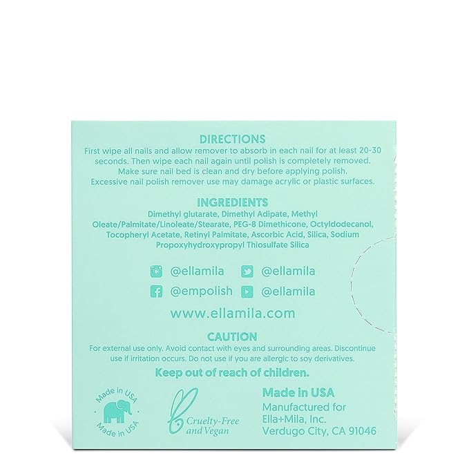 ella+mila Soy Nail Polish Remover Wipes - Non-Acetone, Non-Toxic Fingernail Polish Remover Pads - Travel Size, Individually Wrapped, Lint Free - Enriched with Vitamins (5 Pack)