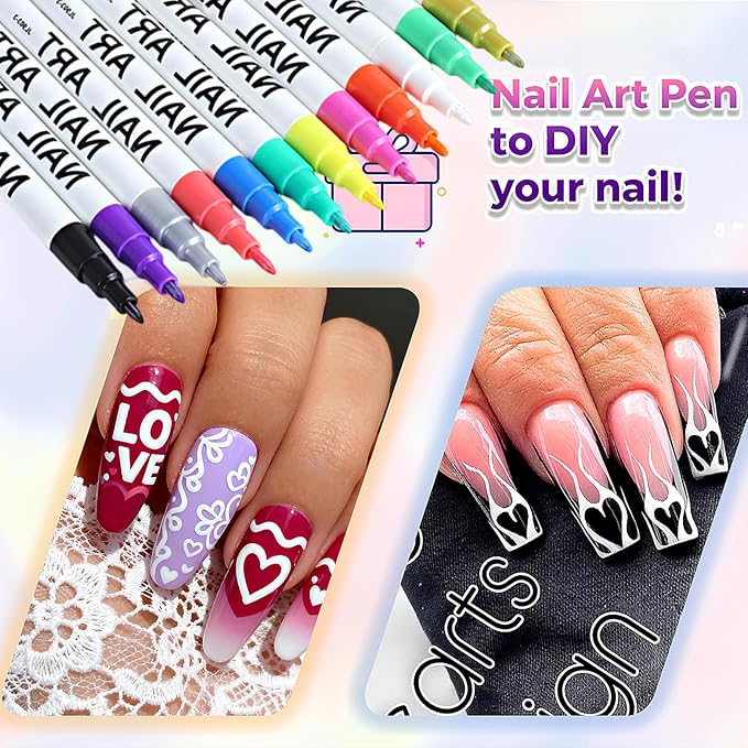 12 Colors Nail Art Pens, Quick Dry Nail Marker Pens Set for DIY Nail Design, Nail Art Markers Nail Tools for Home & Salon Manicure