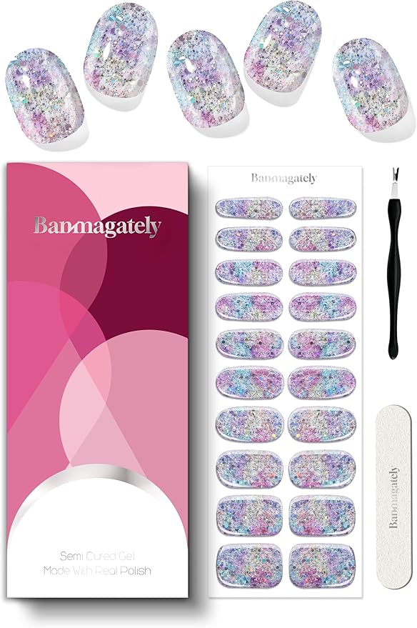 Semi Cured Gel Nail Strips, 20Pcs Long Lasting Salon Quality Wraps, Easy Apply & Remove Gel Nail Stickers with UV Light (Aurora Dust Purple)