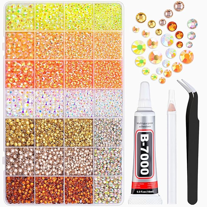20000Pcs Yellow Rhinestones for Bedazzling with 1Pcs B7000 Jewelry Glue, Resin Rhinestones for Crafting Crafts DIY, Bedazzler Kit Gems for Clothing Shoes Tumblers Nail Art Assorted Size 3/4/5/6mm