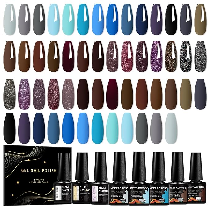 MEET ACROSS 30pcs Gel Nail Polish Set,Soak Off UV LED Lamp Gel Nail Polish Kit,Fashion Shimmer Nail Art Design Gifts for Women Manicure Salon (Cool Color Series)