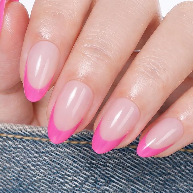 UNA GELLA 32Pcs Soft Gel Press on Nails - 16 Sizes Hot Pink French Tip Almond Glue on Nails, Reusable Neon Pink False Nails, Full Cover Acrylic Nail Kit for Women DIY Home Manicure