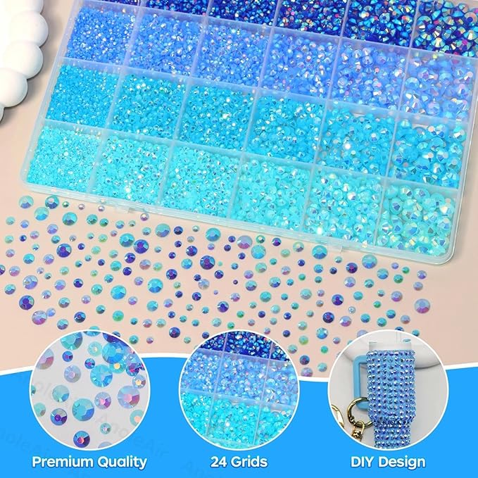 26000PCS Blue Resin Flatback Rhinestones for Crafting, Resin Rhinestones for Bedazzling Kit, 2/3/4/5/6mm Flatback Gems Jewels for DIY Mugs Tumblers Clothing Shoes Nail Art