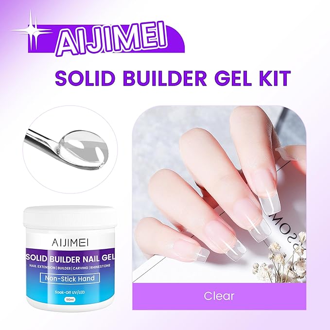 AIJIMEI Solid Nail Builder Gel, 100g Solid Builder Gel for Nail Extension and Thickening Large Capacity Clear Builder Gels for Nails Use at Home(Clear)