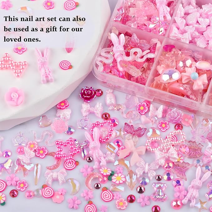 850 Pieces 3D Butterfly Rose Flower Bow Rabbit Bear Nail Charms Kit with Nail Art Rhinestones Pearls Crystal Gems Nail Slices for Manicure DIY Crafts Jewelry Accessories (Pink)