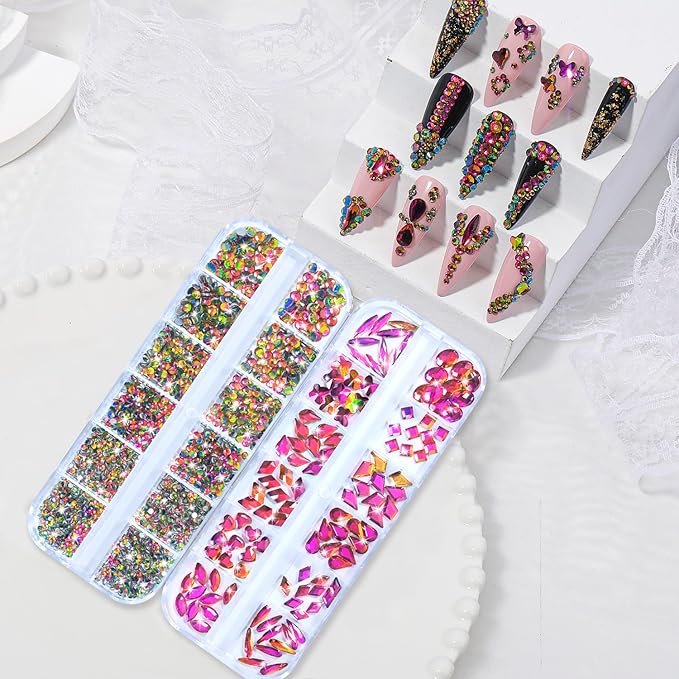 Nail Rhinestones - 3D Multi Shape Size, Flat Back, Crystals Manicure Rhinestones Charms, Colorful Red Nail Gems, with Kit, for Nail Art, Bedazzling Acrylic Nails, DIY Decor