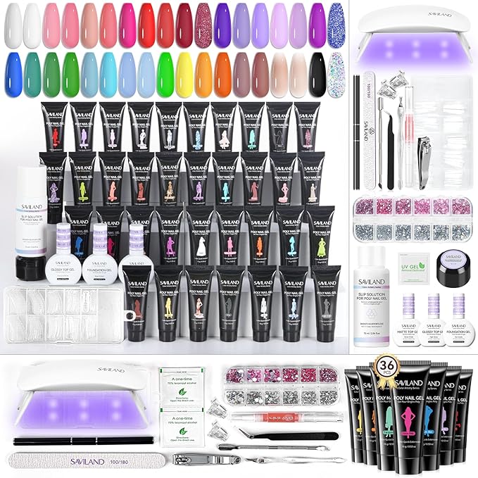 SAVILAND Hema-Free Poly Gel Nail Kit: 36 Poly Gel Nail Colors with Slip Solution Mini U V Lamp Curing Light All-in-1 Starter Kit Manicure Set Supplies Tools for Quick Extension Home Salon DIY