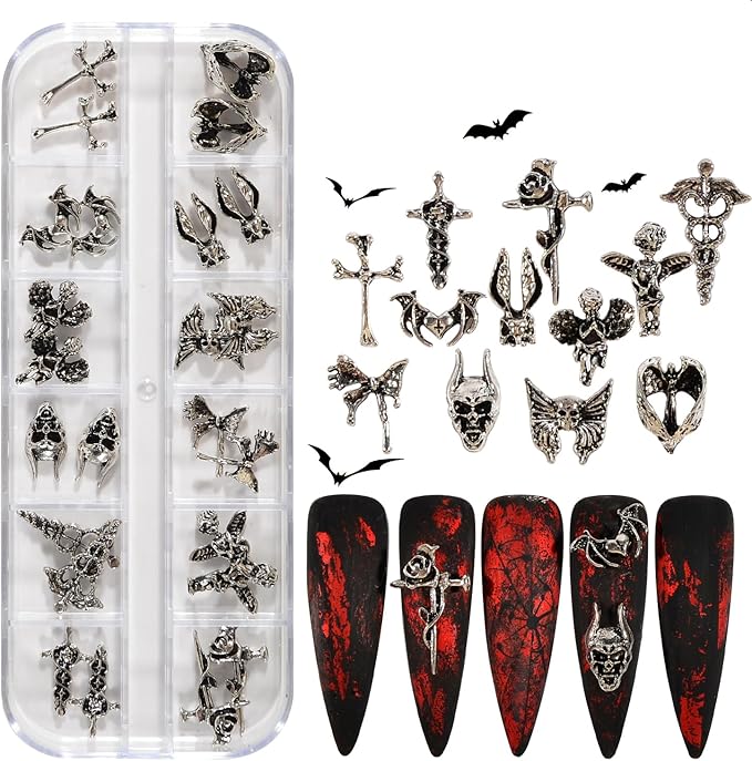 24Pcs/Box Halloween Nail Charms Decorations 3D Vintage Punk Skulls Cross Nail Art Charm Metal Alloy Halloween Nail Design for Manicure Craft DIY Nail Art Accessories