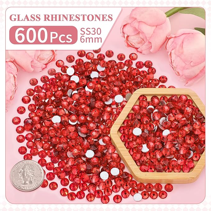 600PCS SS30/6mm Crystal Rhinestones (Light Red/Light Siam) with 2Pcs 10ml B7000 Jewelry Glue, Bedazzling Flatback Glass Rhinestones for Crafting, Gems Diomand Charm for Tumbler Shoes Clothing Nail Art