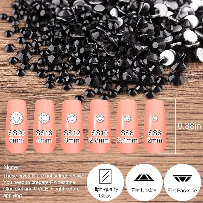 18 Styles Multi-Shaped Glass Gemstones for Nails and 6 Sizes Round Crystal Rhinestones Kit #4, Black Nail Art Charm Bead Manicure Decoration with Pickup Pencil and Tweezer