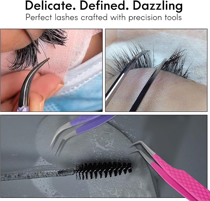 Lash Tweezers Set – Professional Eyelash Extension Tweezers Kit with Case & Brush – 3 Precision Lash Tweezers for Volume, Isolation & Classic Lashes – Anti-Static, Non-Slip Grip