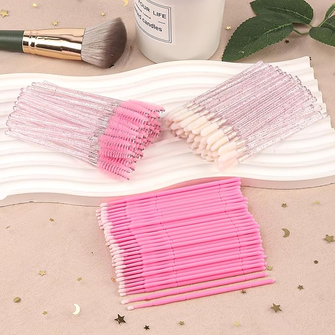 300 Pack Disposable Spoolies Brushes Sets Mascara Wand Lip Brushes Bamboo pole-shaped Handle Cotton Swab for Eyebrow Eyelash Extension Tattoo Lipstick Applicator(Pink)