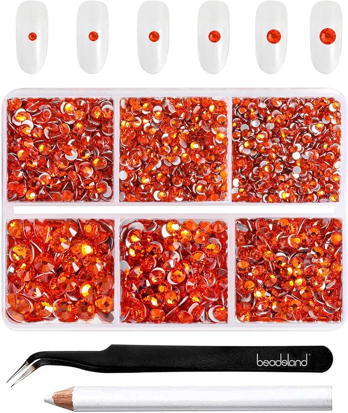 Beadsland 4300pcs Flatback Rhinestones,Orange Rhinestone Nail Gems Round Crystal Rhinestones for Crafts,Mixed 6 Sizes with Picking Tweezers and Wax Pencil Kit, SS6-SS20,Hyacinth/Orange