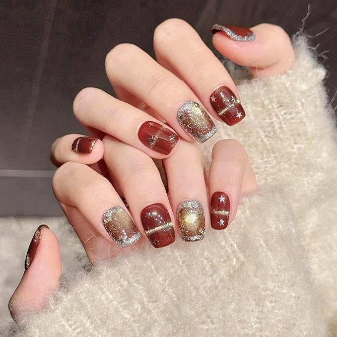 Short Square Press on Nails - Handmade Manicure Art Reusable False Nails 10pcs with Solid Nail Glue, Nail Adhesive Tabs, Strong Nail Glue (3357-Short)