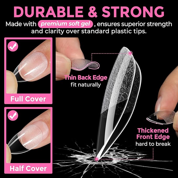 UNA GELLA Short Almond Fake Nails 216pcs Pre-Shape Gel Acrylic Nail Tips for Full Cover Nail Extension Home DIY Nail Salon 12 Sizes Gelly Tips