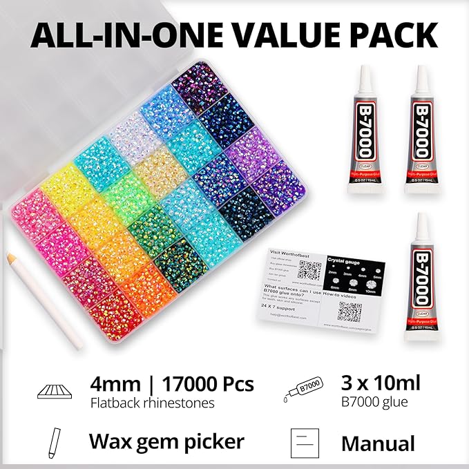 17000Pcs Resin Rhinestones for Bedazzling Crafting, 4mm Jelly Multicolor Bedazzled Rainbow Flatback Gems Set, Colorful Bedazzler Jewel Gemstone for Clothes Crafts Clothing Nail Art with B7000 Glue