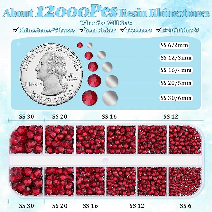 12000Pcs Resin Rhinestones for Bedazzling with 3Pcs B7000 Jewelry Glue, 2 Boxes Dark Red Flatback Rhinestones for Crafting Crafts DIY, Crystals Gems for Clothing Shoes Tumblers Nail Art Makeup