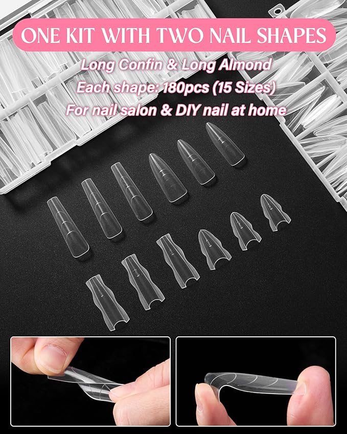 Sandwich Nail Dual Form Kit - 360 PCS Coffin & Almond Dual Forms for Nail Extensions, 15 Sizes, Reusable Plastic Forms for Polygel, Acrylic, Builder Gel - Perfect for DIY & Salon Use