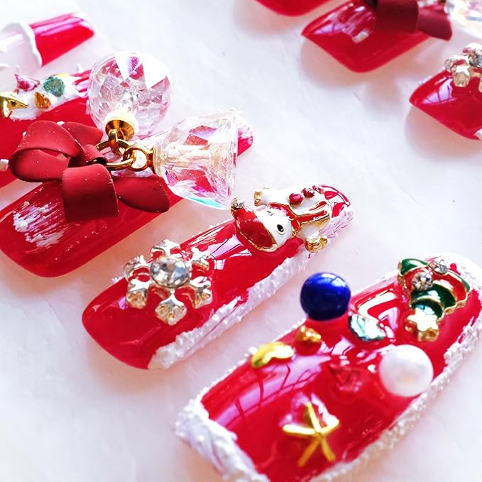 Christmas Press-On Nails, Long Ballerina Shape, Red and White Design with Snowman, Bows and Snowflakes, 10 Pieces (Large, LS)