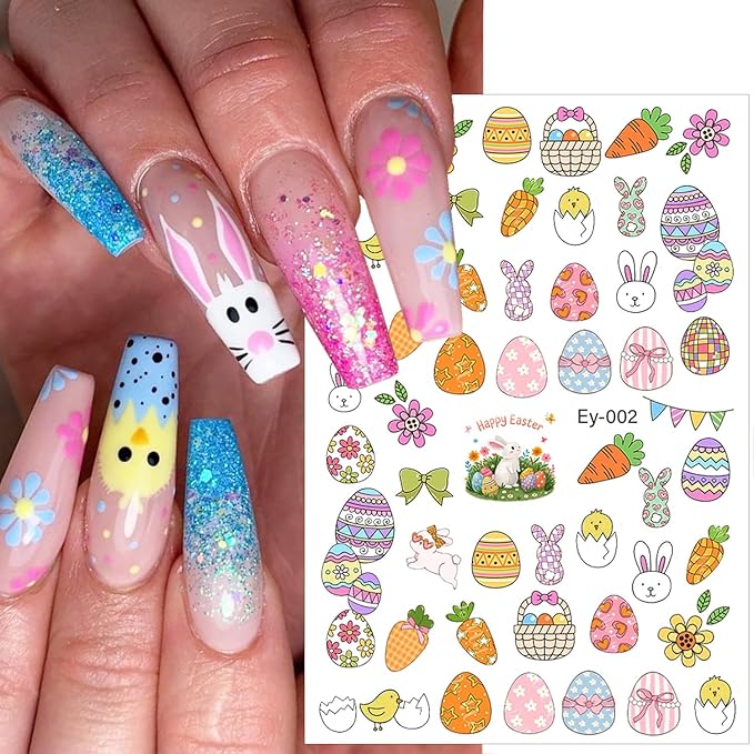 6 Sheets Easter Nail Stickers Cute Flower Carrot Chick Rabbits Nail Art Stickers 3D Self-Adhesive Easter Egg Nail Decals Cartoon Bunny Nail Design Supplies for Women DIY Holiday Nail Art