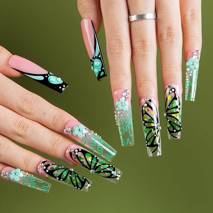 LOVFUL Press on Nails Teal Flutter| Handmade Acrylic Press ons| Reusable Fake False Nails| Square Mid length 1.7in| H724-M