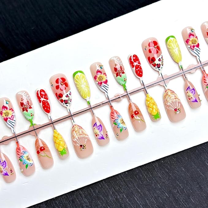 30Pcs Handmade Press on Nails Medium Almond Fake Nails French Tip False Nails with 3D Gold Beads Unique Flower Fruit Designs Petal Glossy Glue on Nail Reusable Acrylic Nails for Women
