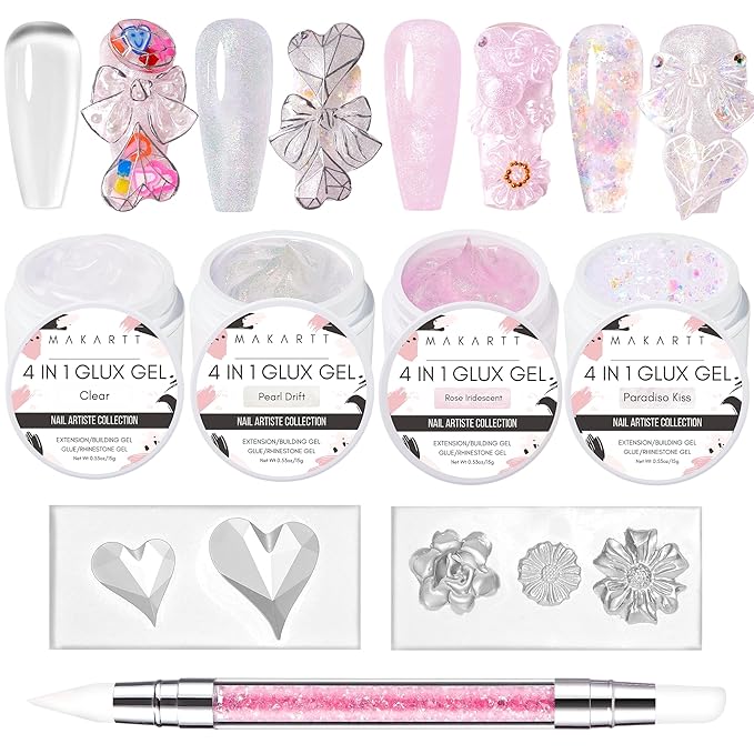 Makartt 3D Nail Gel Art Kit: 4 Colors 3D Sculpting DIY Manicure Solid Gel Builder Clear and Shimmers for Extension, Molding Adhesive Glue Rhinestone Hard Gels No Wipe Chrome DIY Salon Home