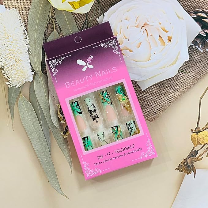 Press on Nails Coffin Long Length Acrylic Glossy Full Cover Square Shaped French False Nails with Designs Artificial Extra Long Fake Nails with Charms Glue ons Fingernails for Women(AS25)
