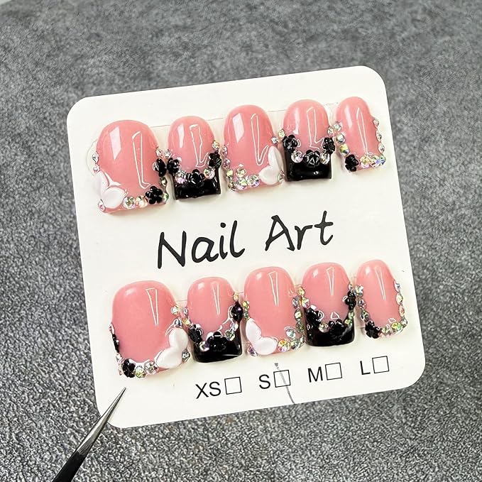 Handmade Square Nails Press on Black French Tip Fake Nails with Rhinestone & Flower Designs Muti-Layer Gel Acrylic Nail Kit Full Cover False Short Stick on Nails for Women (Size M)