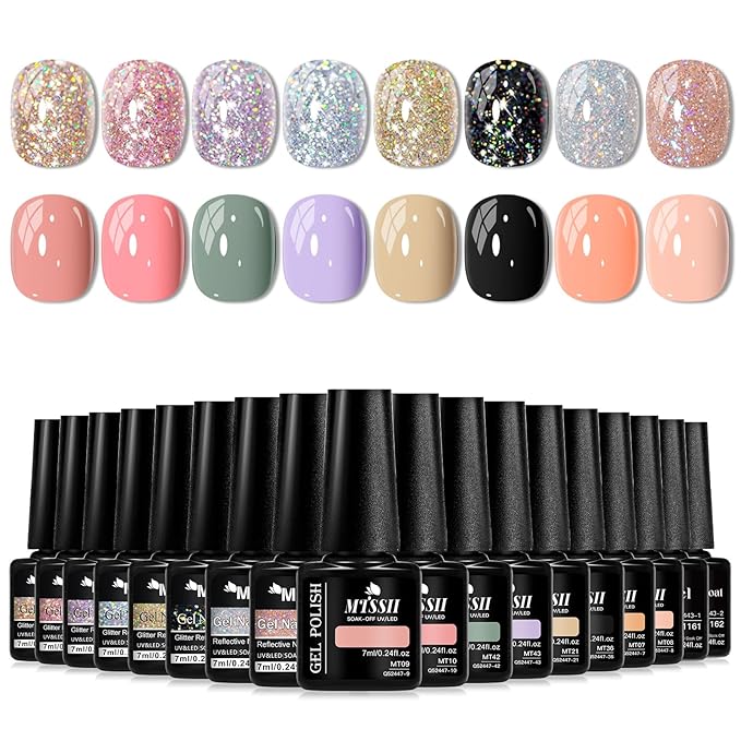 MTSSII Pink Purple Khaki Black Gel Nail Polish 18 Pcs Pink Purple Silver Yellow Black Glitter Gel Nail Polish with Base Gel Set Glitter Polish Kit for DIY Nail Art Women Gifts