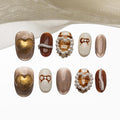 Sun&Beam Nails Handmade Press-on Short Round Brown White 3D Pearl Hand-Painted Design Fashion False Nail Tips 10 Pcs Set (#213 S)