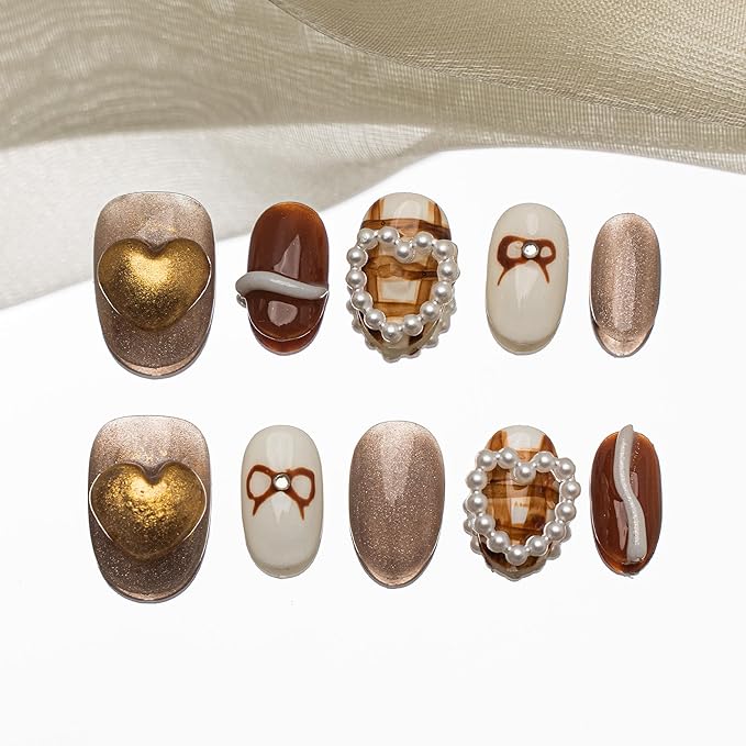 Sun&Beam Nails Handmade Press-on Short Round Brown White 3D Pearl Hand-Painted Design Fashion False Nail Tips 10 Pcs Set (#213 M)