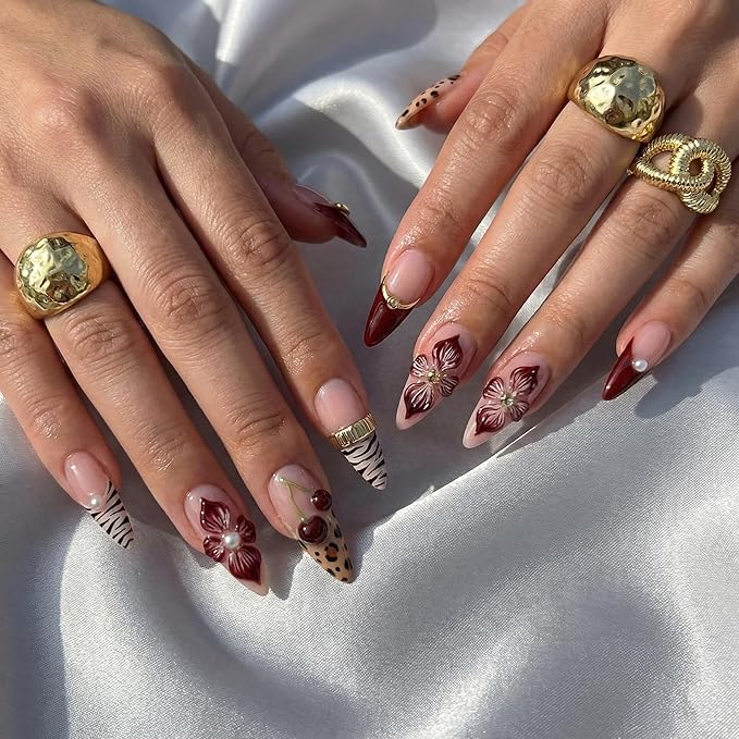 Almond Press on Nails Long Fake Nails Red Artificial Nail Seeneey Red Floral and Cherry Leopard Designs Cute Stick on Nail for Women 24pcs