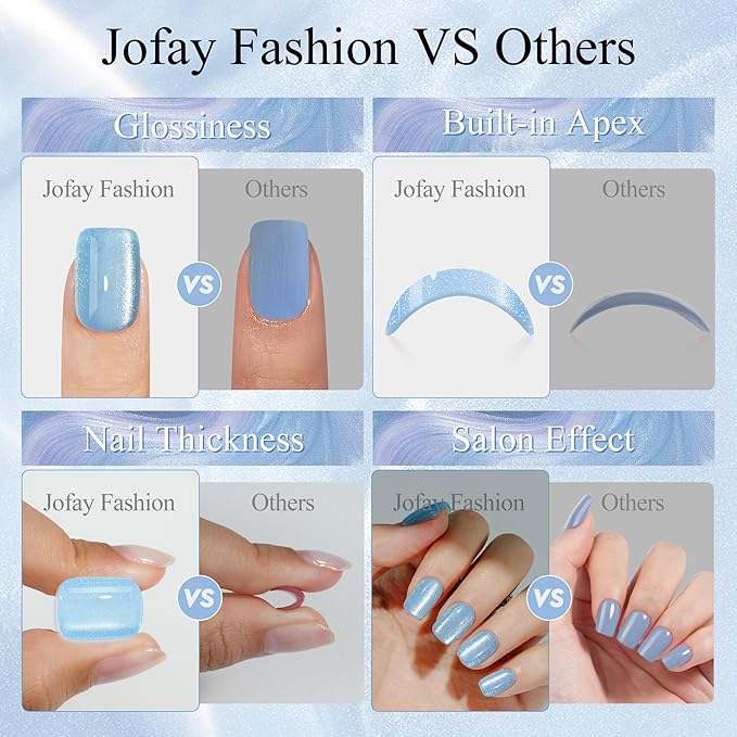 Press on Nails Short 5 Styles, Jofay Fashion 160Pcs Valentines Cat Eye Press on Nails for Women, Reusable Opaque Gel Fake Nails, Square Glue On Nails in 16 Sizes, Island