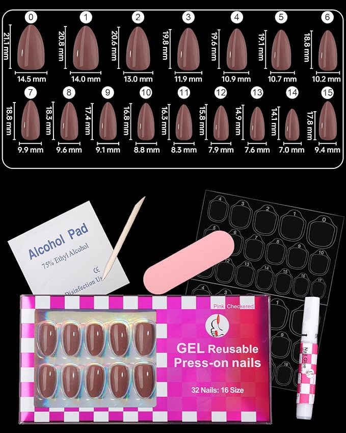 Light Maroon Press On Fall Nails Short 16 Sizes 32pcs, Almond Fake Nails Glossy, Nail Glue Included (Withered Rose)