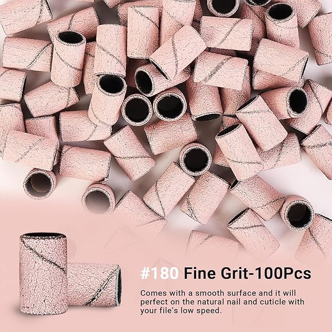 MelodySusie 100 Pcs Nail Drill Bits Sanding Bands for Nail Drill 180 Fine Grit Nail File Sanding Bands for Acrylic Nails Gel Manicures and Pedicure