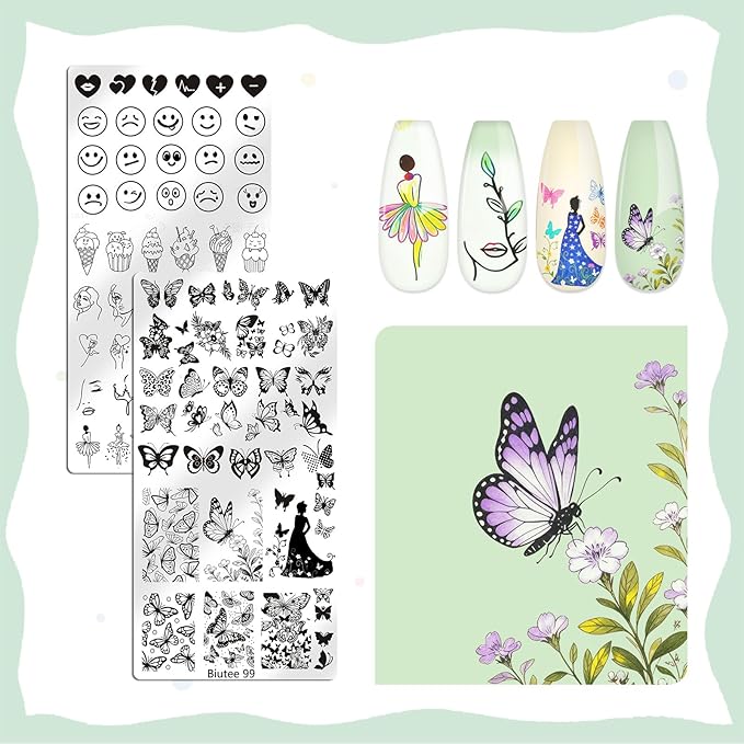 Biutee Nail Stamping Plate Set 12PCS Nail Art Stamp Plates 8PCS Stamping Nail Gel Polish, Nail Stamper and Scraper, Butterfly Leaves Bow Design Nail Stamping Kit with Storage Bag
