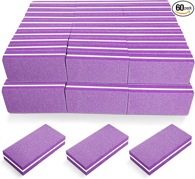 Nail Buffers (60 Pack), Buffer Block Nail File for Acrylic Nails and Natural Nails, 100/180 Grit Small Nail Buffer Block Bulk Buffing Blocks for Nail Buff Professional Manicure File Blocks Set Purple