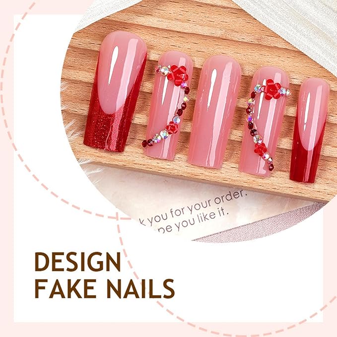 Long Press on Nails Square Fake Nails Red Artificial Nail SEENEEY Heart Love Rhinestones Cute Stick on Nail for Women 24pcs