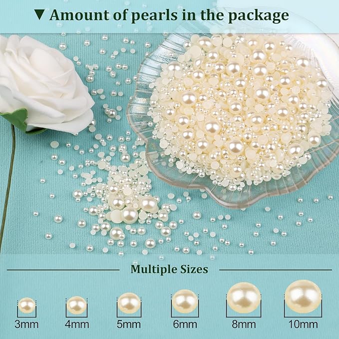 4 Boxes Flatback Pearls for Crafting, Flatback Beige Half Round Pearls 3-10mm with Pickup Pencil and Tweezer for Home DIY and Professional Nail Art, Face Makeup and Craft