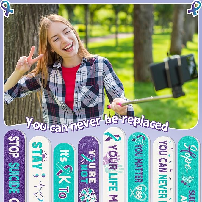 H1vojoxo Suicide Prevention Awareness Nail Files - 48pcs Purple Teal Ribbon Emery Board Inspirational Motivational Nail File for Suicide Prevention Awareness Favor Volunteer Charity Campaign Supplies