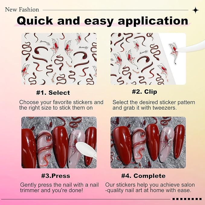 3 Sheets Snake Nail Art Stickers 3D Self-Adhesive Snake Sun Star Pattern Decals Starlight Nail Design Stickers Supplies for Women Girls Manicure Art Decoration 931-17