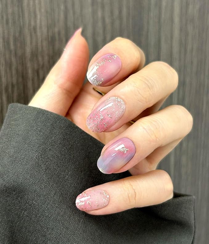 Nail Polish Strips (No UV Lamp Needed) - 22 Pcs Salon Quality Gel Nail Stickers - Long Lasting Wraps (Iridescent Jellfish Pink&Blue)