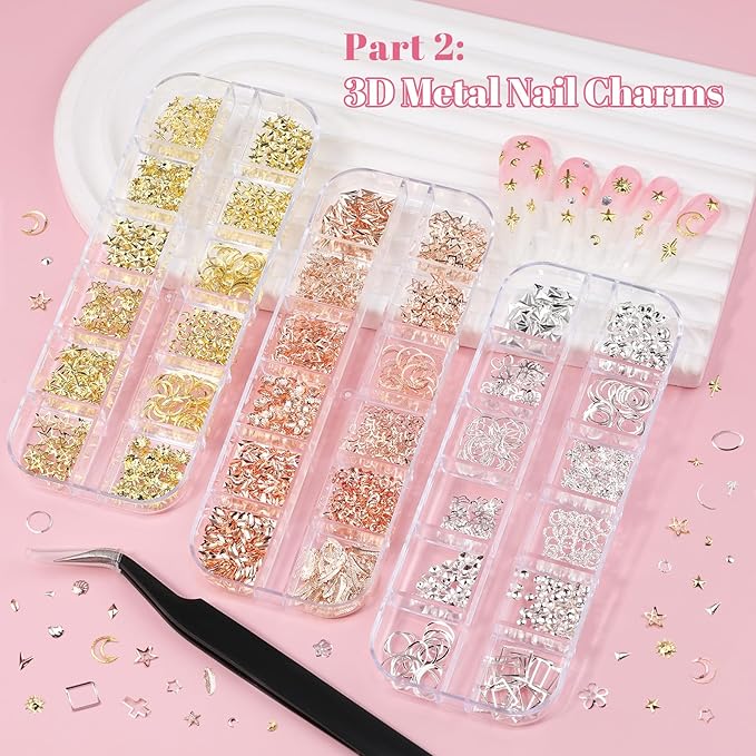 12 Boxes Nail Art Kit with Nail Charms, Gems, Rhinestones & Studs - Flatback Rhinestones, 3D Gold/Silver Charms, White Half Pearls, Pink Flower Charms, Star/Butterfly Sequins + 4 Tools for DIY Crafts