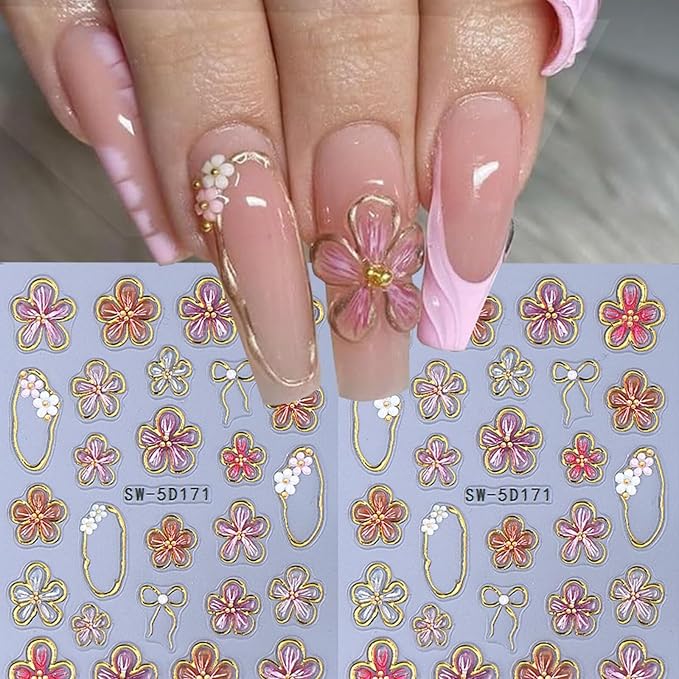 Flower Nail Stickers Decals 5D Embossed Flower Nail Decals Pink Five-Petaled Gold Floral Circle Spring Summer Nail Art Design Bow Tie Flowers Nail Adhesive Decals for DIY Nail Art Decorations 2Pcs