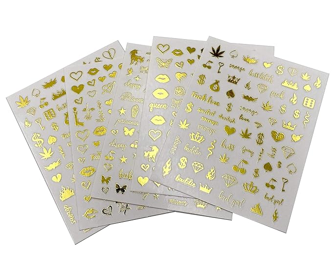 Impressed Authentic 5 Sheets Luxury Nail Art Stickers 500+ Chrome Gold Customized Nail Decals for Fake Nail Design Decorations and Salon Nails Accessories