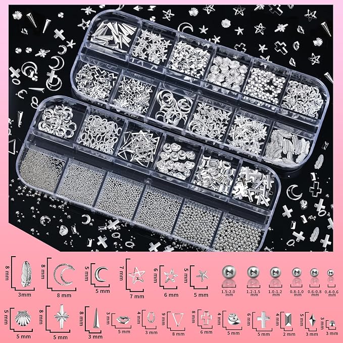 Teenitor Silver Nail Charms and Gems Kit, 4 Boxes Nail Gems Silver Rhinestones for Nails, 3D Y2K Accessories Nail Decor, Cross Charms for Nails Design Star, Caviar Beads for Nails Art