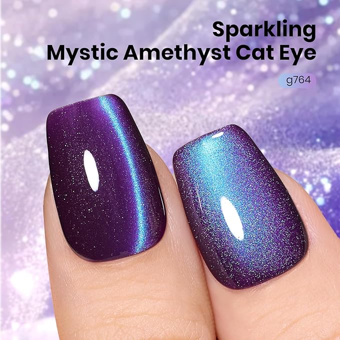 Beetles Mystic Amethyst Purple Cat Eye Gel Nail Polish - 15ML Purple Cat Eye Glitter Spring Gel Polish Magnetic Translucent Glassy Effect Soak Off UV Nail Art DIY Manicure Valentines Gift for Women